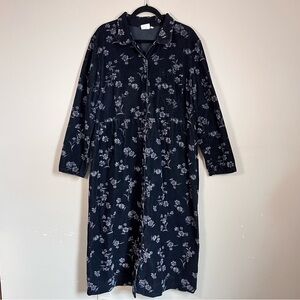 Vtg MATCH Corduroy Floral Dress Black Full Button Down 16 Made In USA Retro